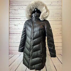 Michael Kors Black Puffer Coat with Faux Fur Trim